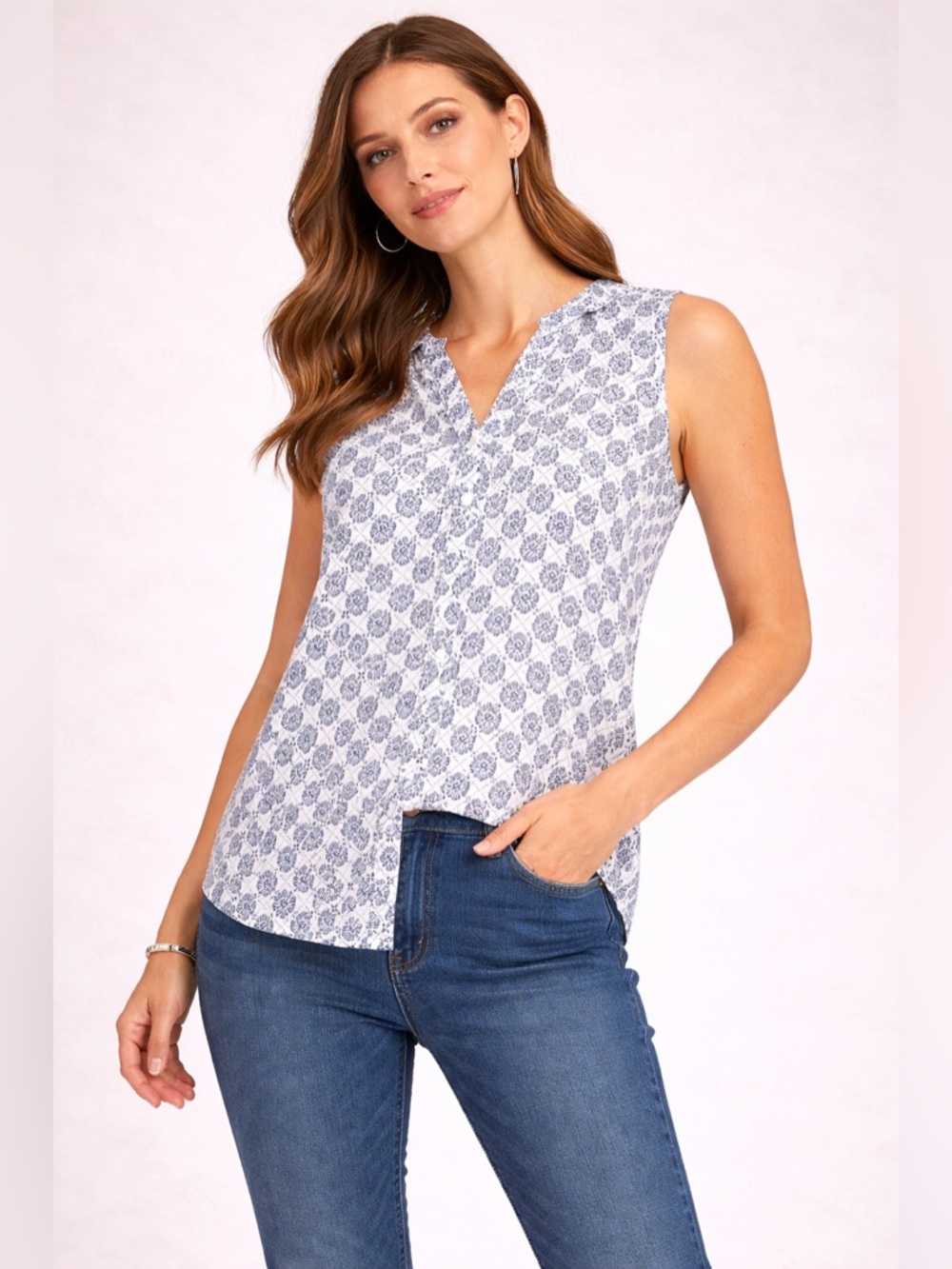 Sleeveless Blue and White Blouse